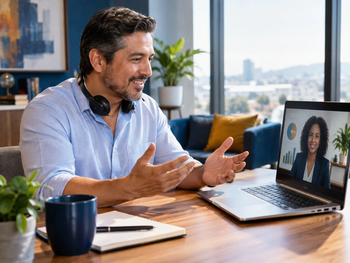 Insurance agent in a headset on a video call