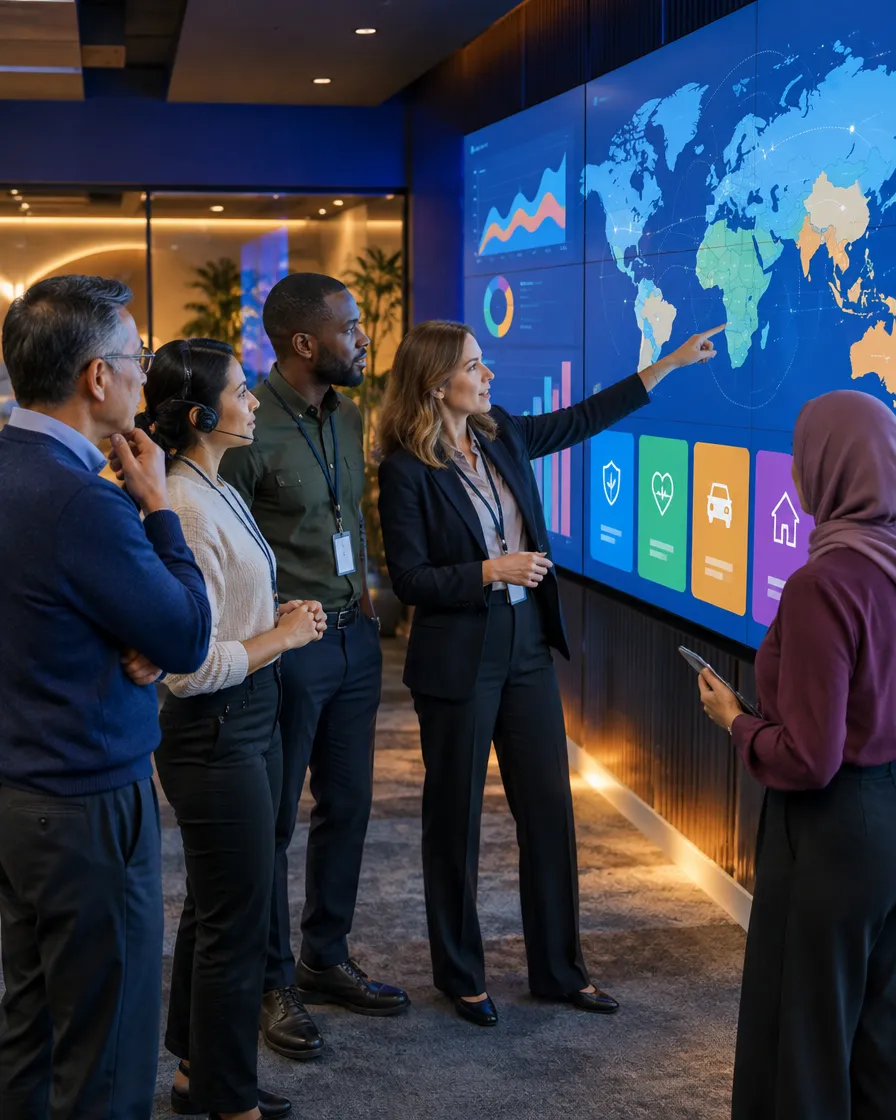 Insurance team reviewing a world map on a large screen