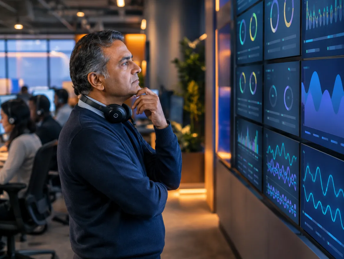 Supervisor reviewing insurance call metrics on a wall of screens