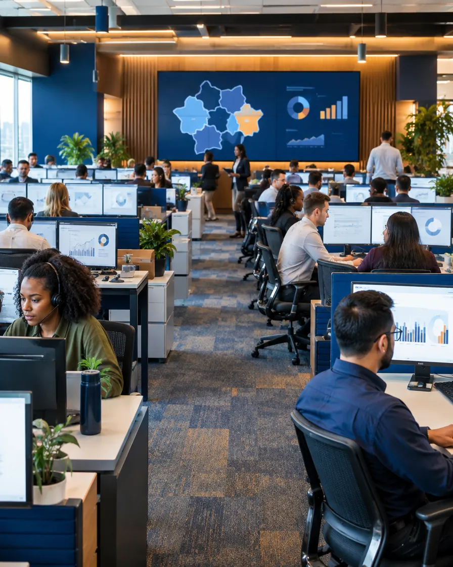 Rows of insurance agents working on a contact center floor