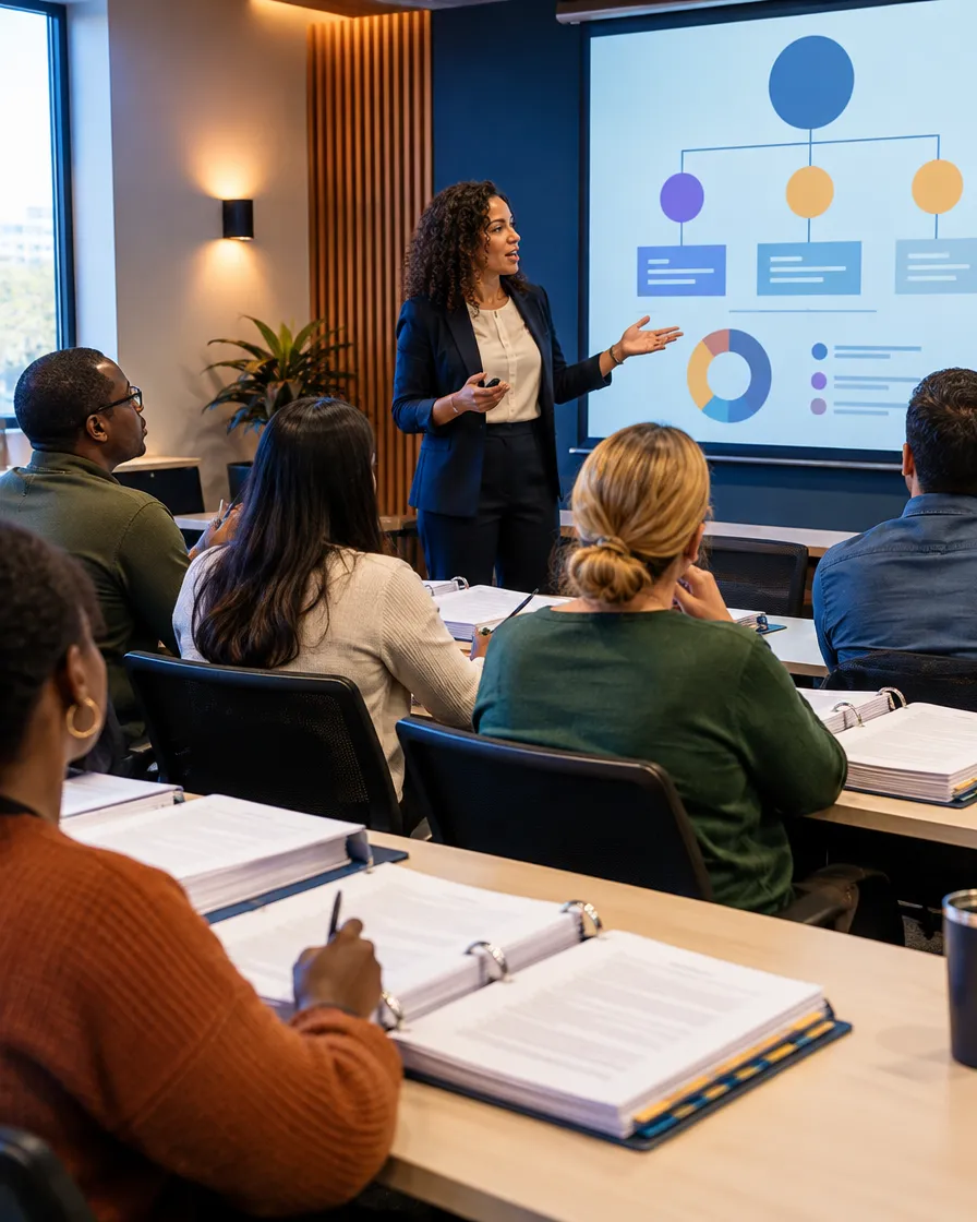 Insurance team in a training session with charts on screen