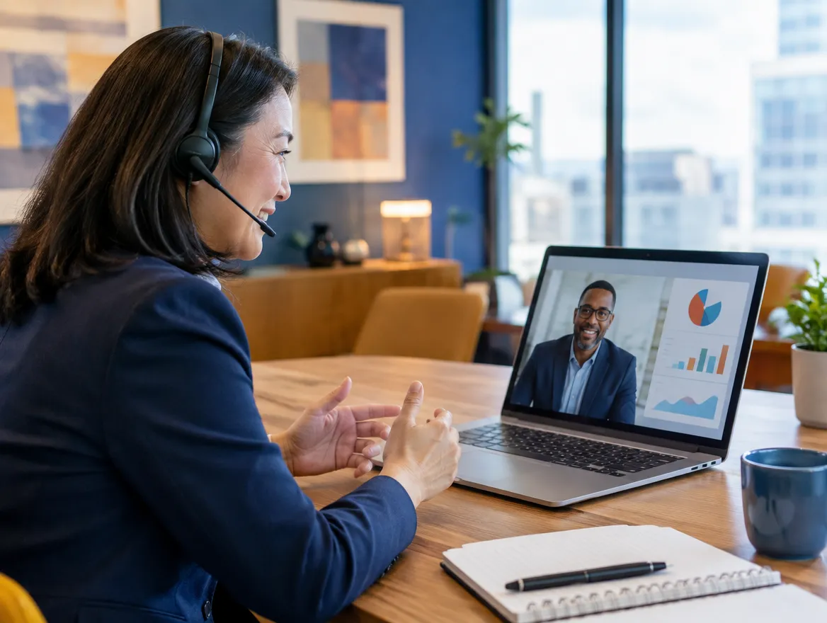 Insurance agent in a headset on a video call with a client