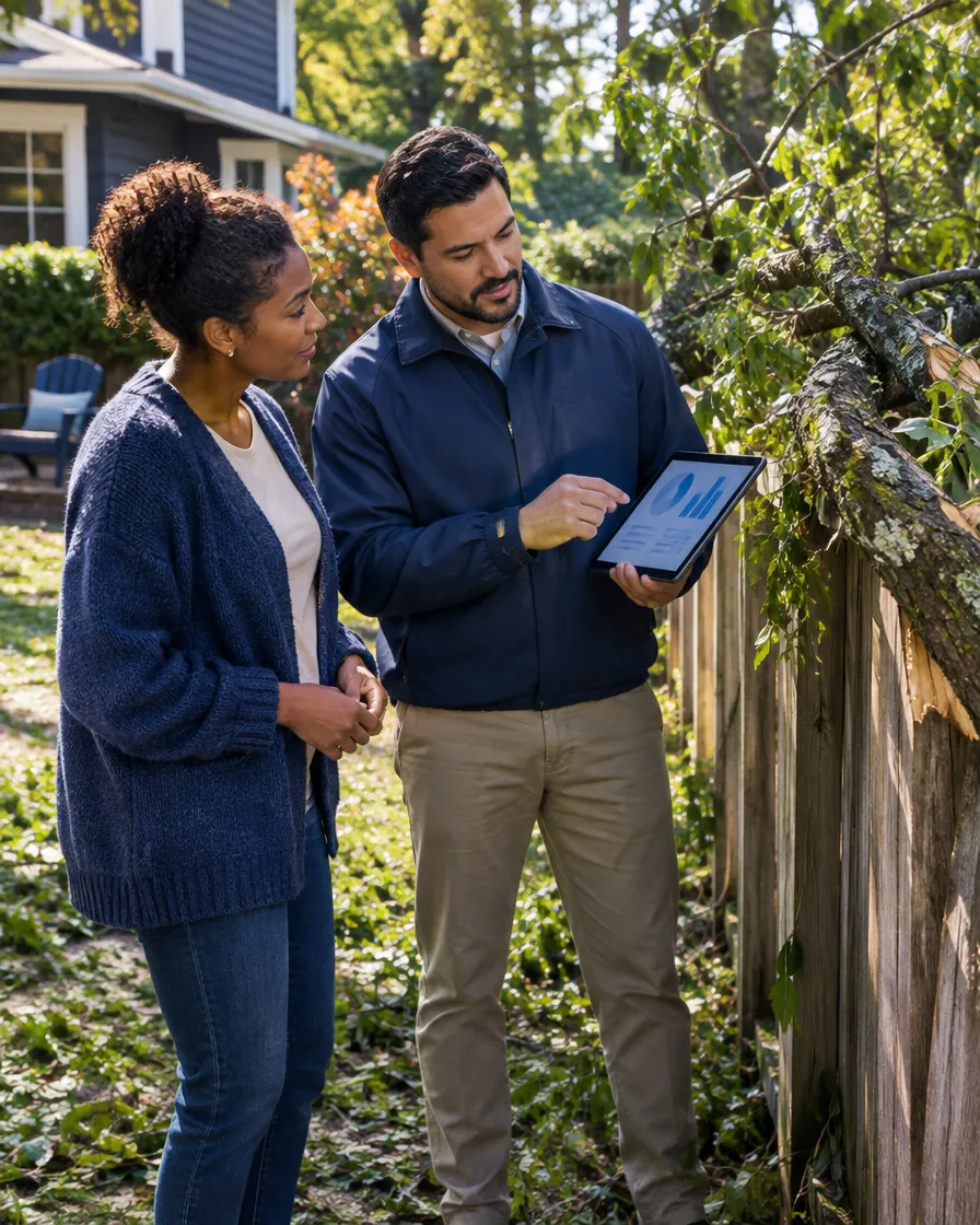 Insurance adjuster with a tablet talking to a homeowner in her garden