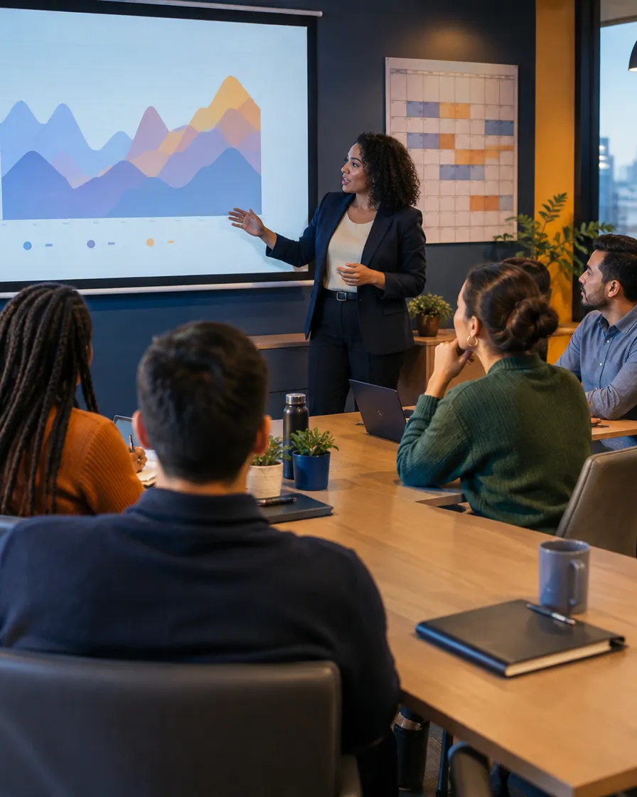 Insurance team attending a presentation with charts