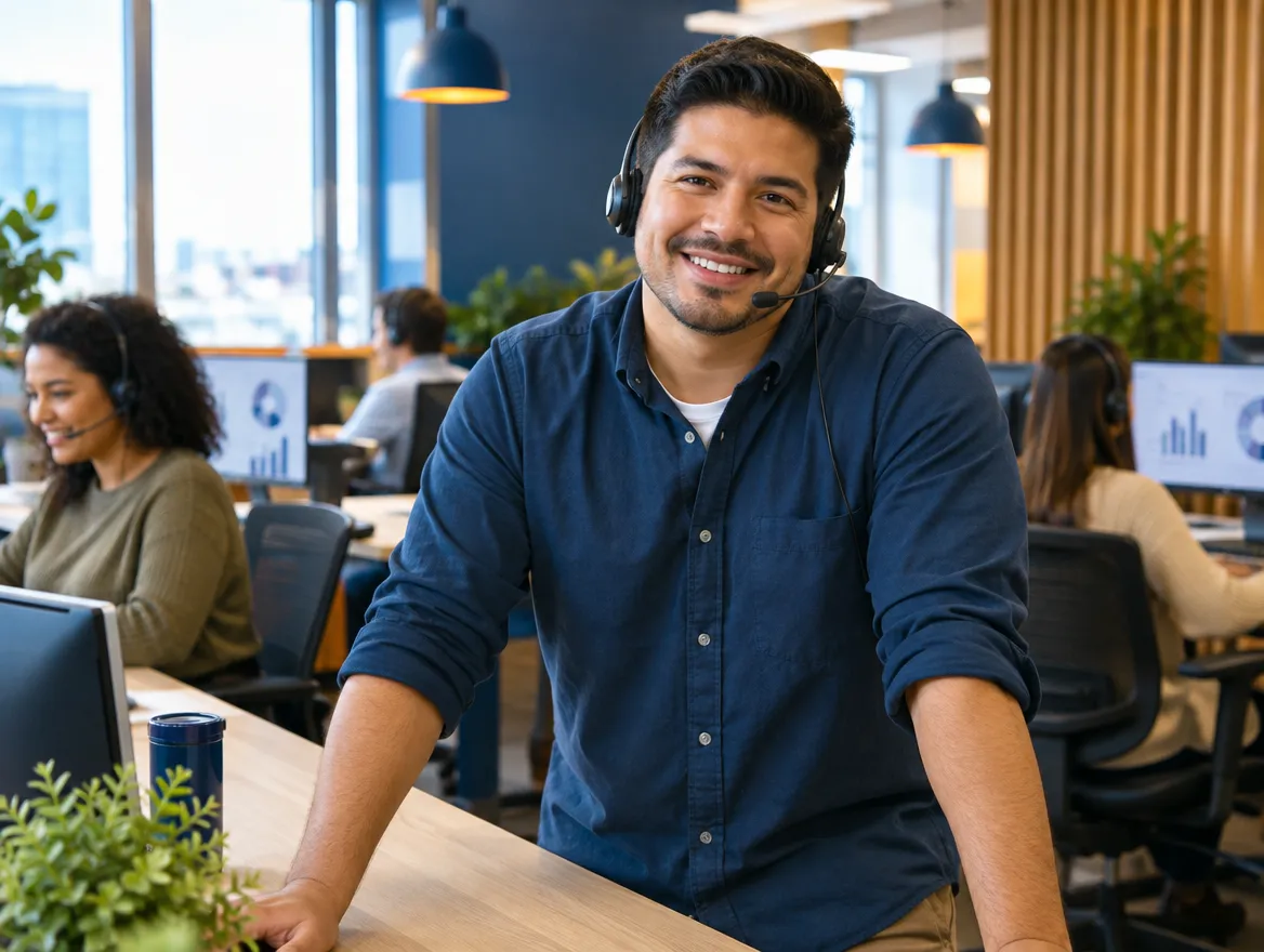 Smiling insurance agent standing at his desk on the contact center floor