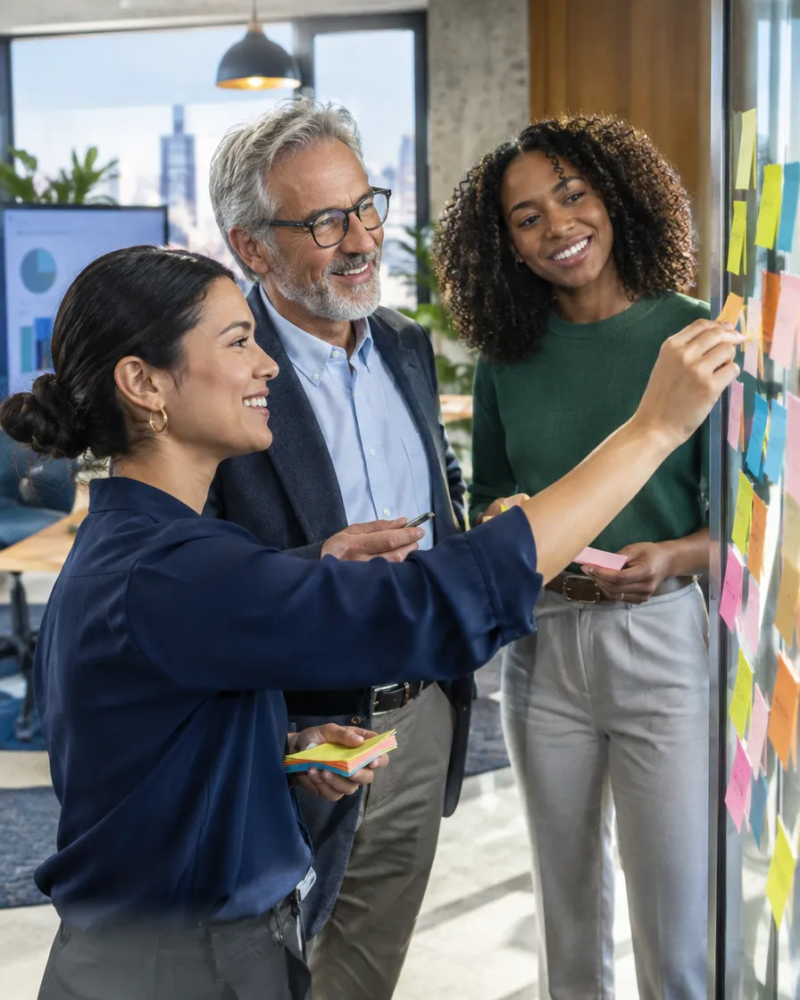 Insurance team planning at a sticky-note wall