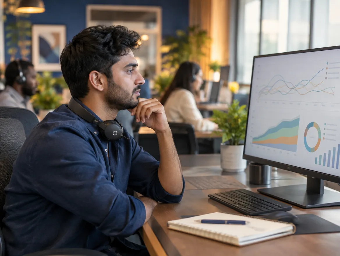Analyst reviewing life insurance data on a monitor