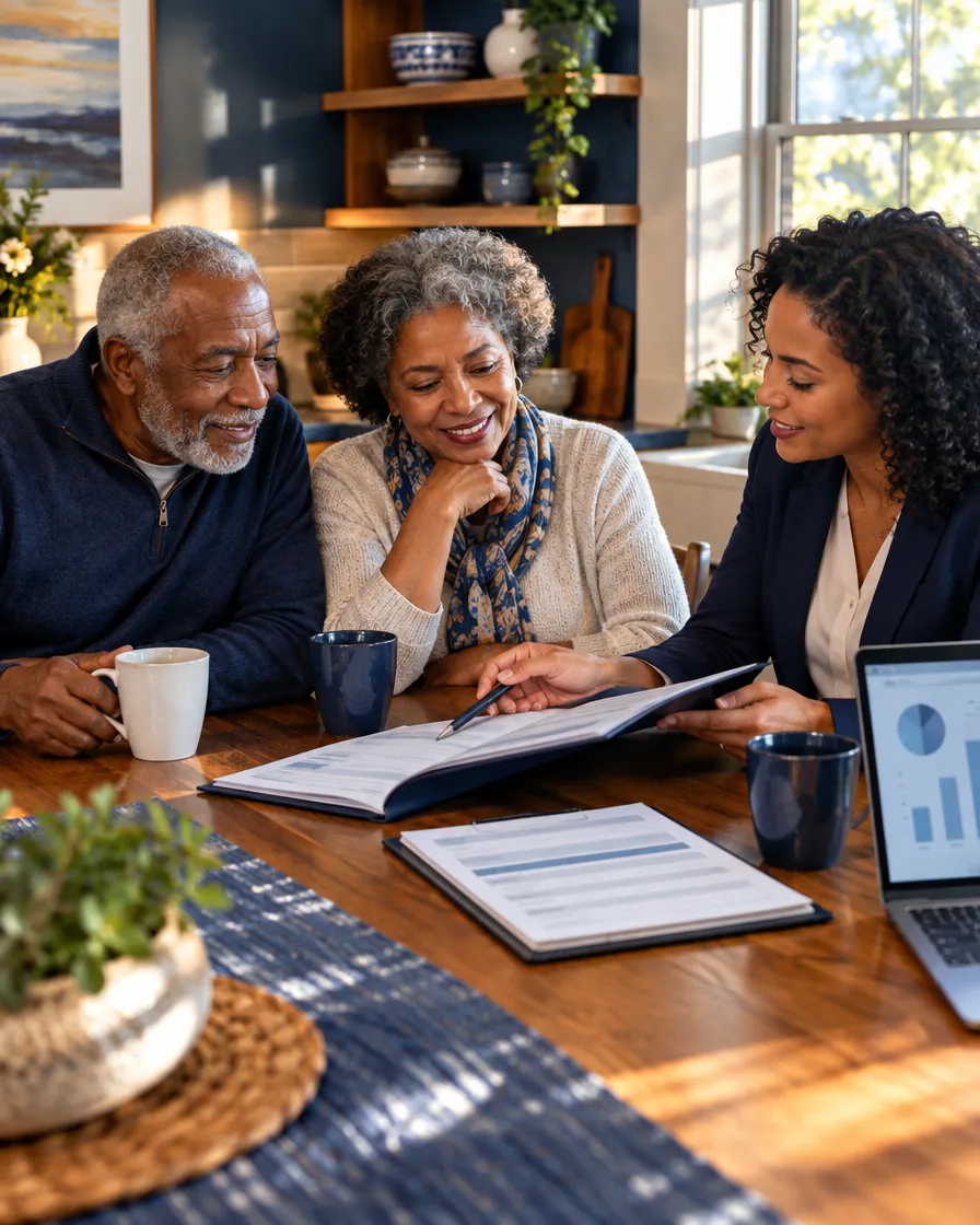 Senior couple reviewing life insurance papers with an advisor
