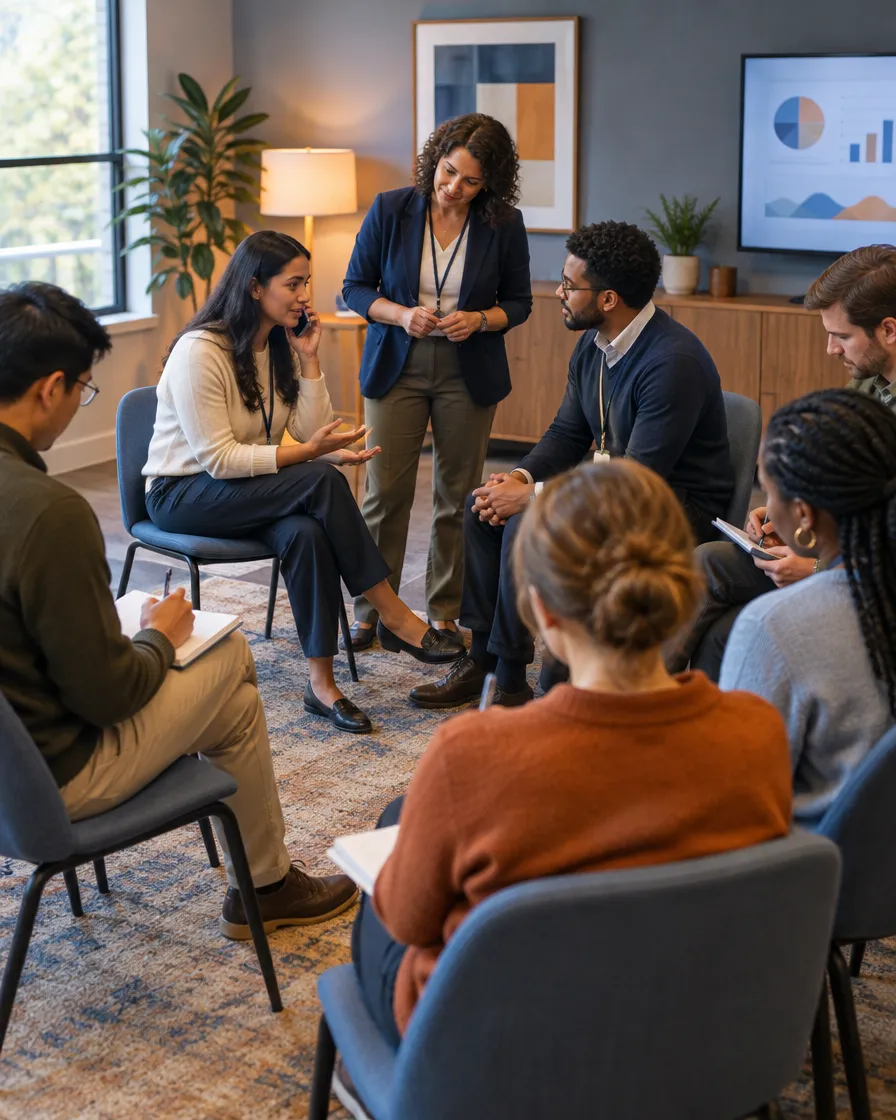 Life insurance team meeting in a lounge area