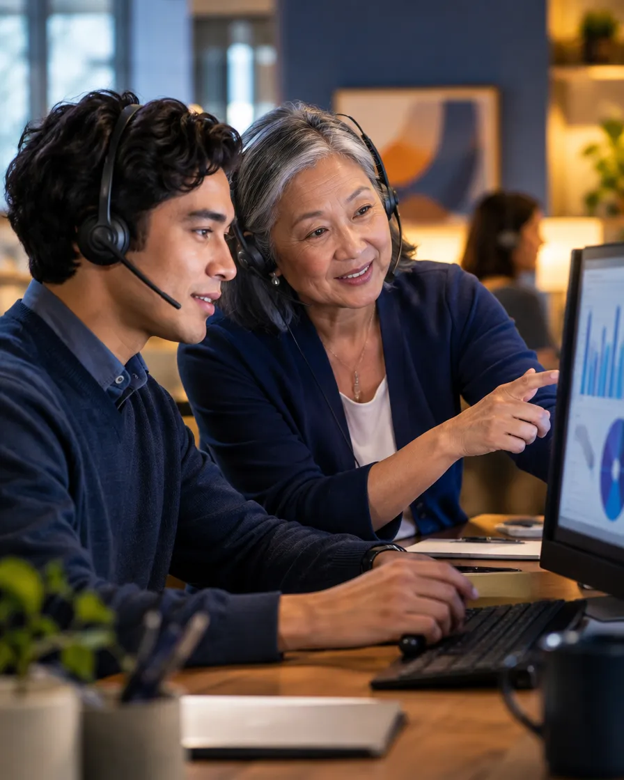 Two life insurance agents in headsets working together