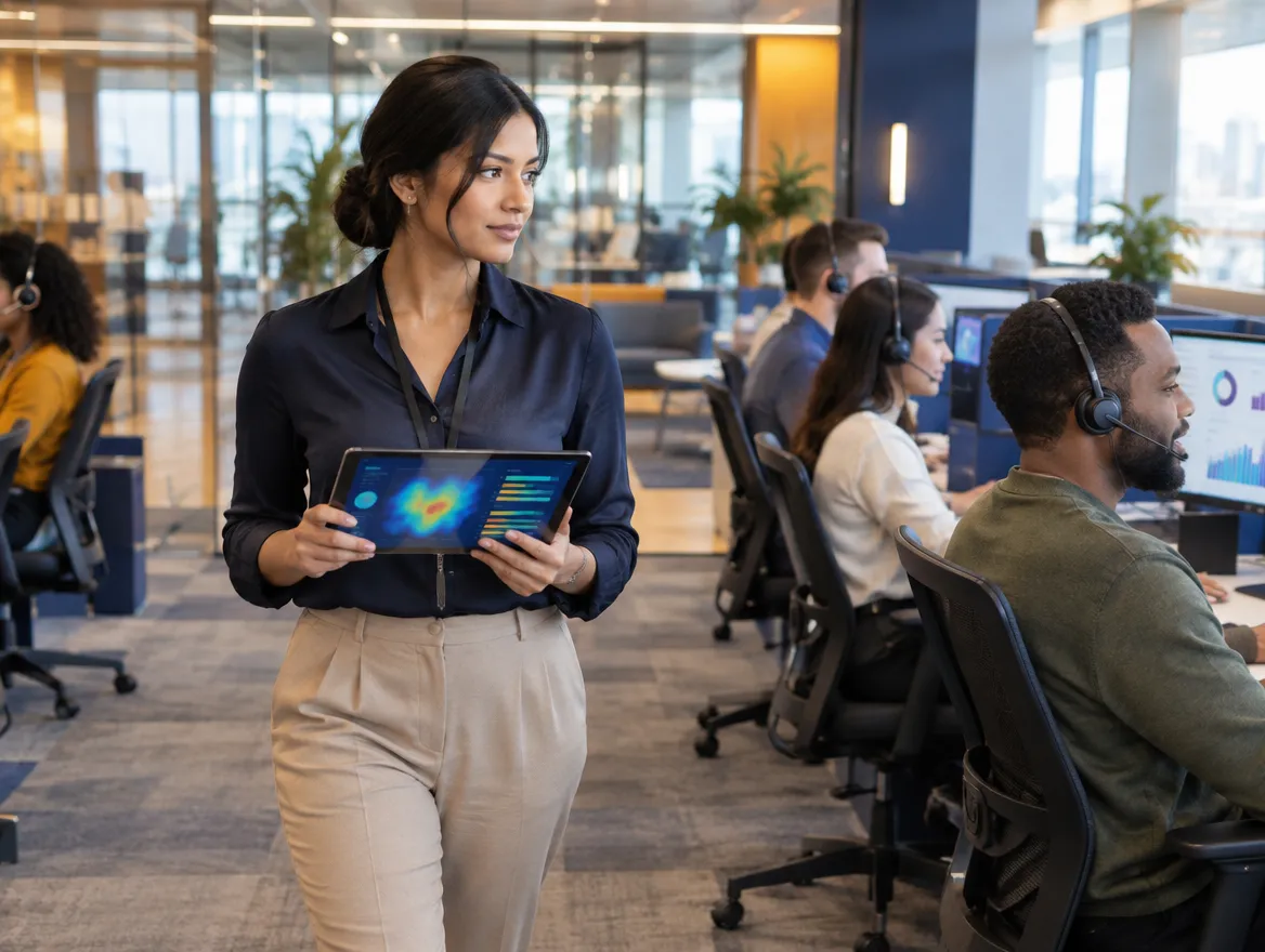 Team lead holding a tablet walking through the office