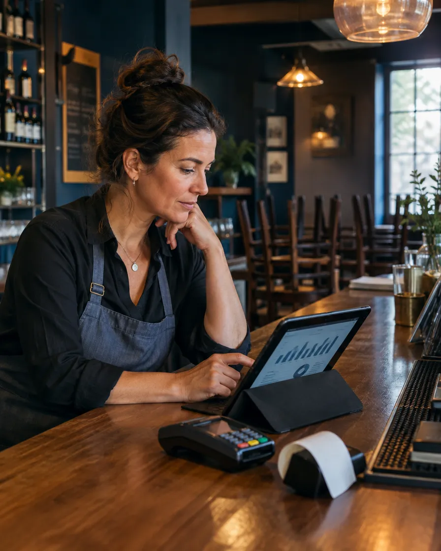 Shop owner reviewing sales on a tablet at the counter