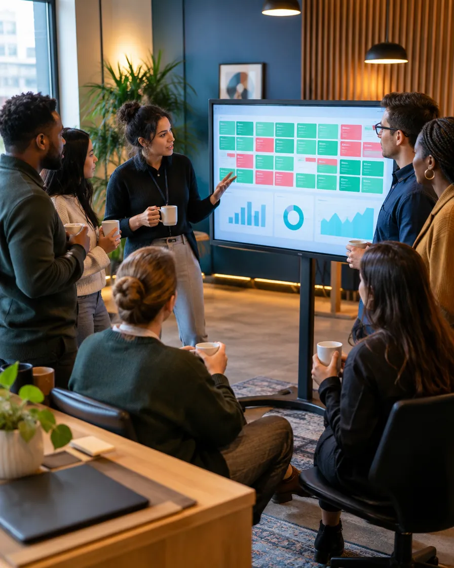 MCA lending team reviewing a dashboard on a large screen