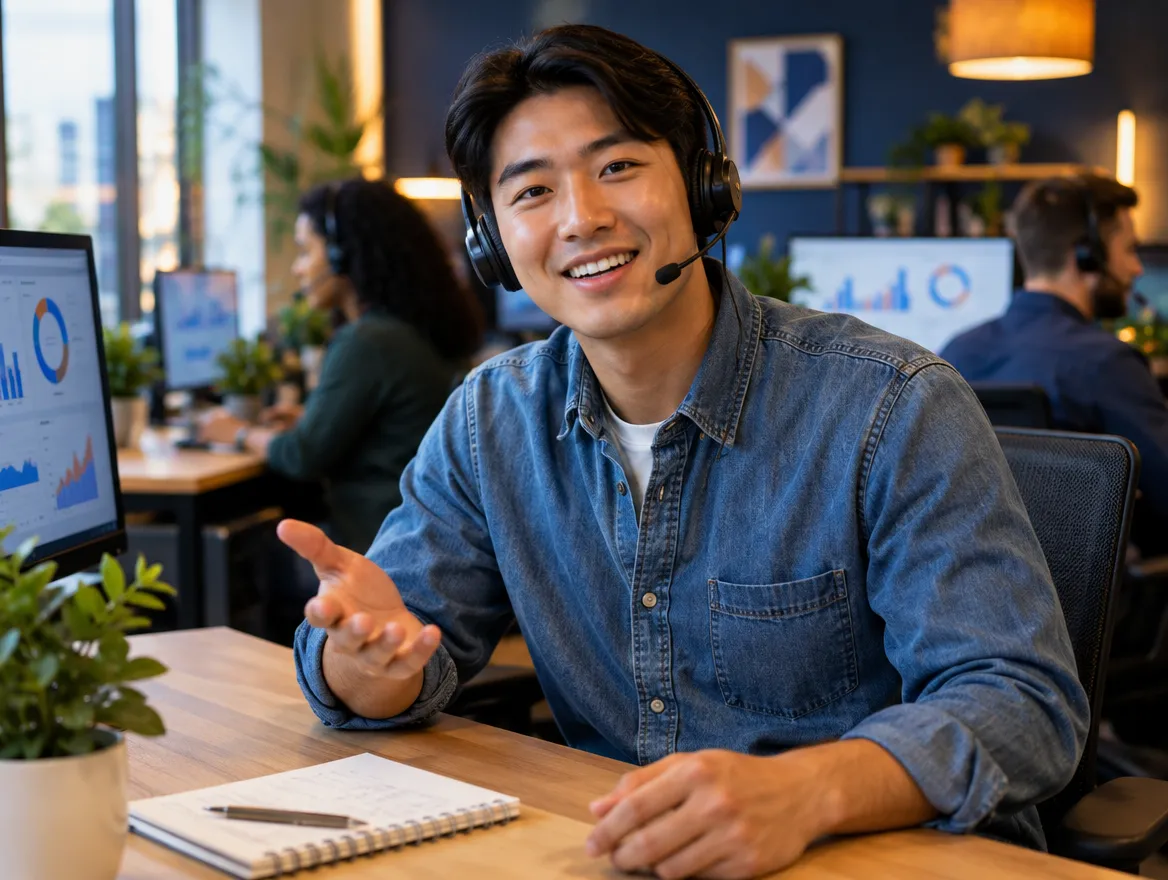 Smiling MCA support agent in a headset at his desk