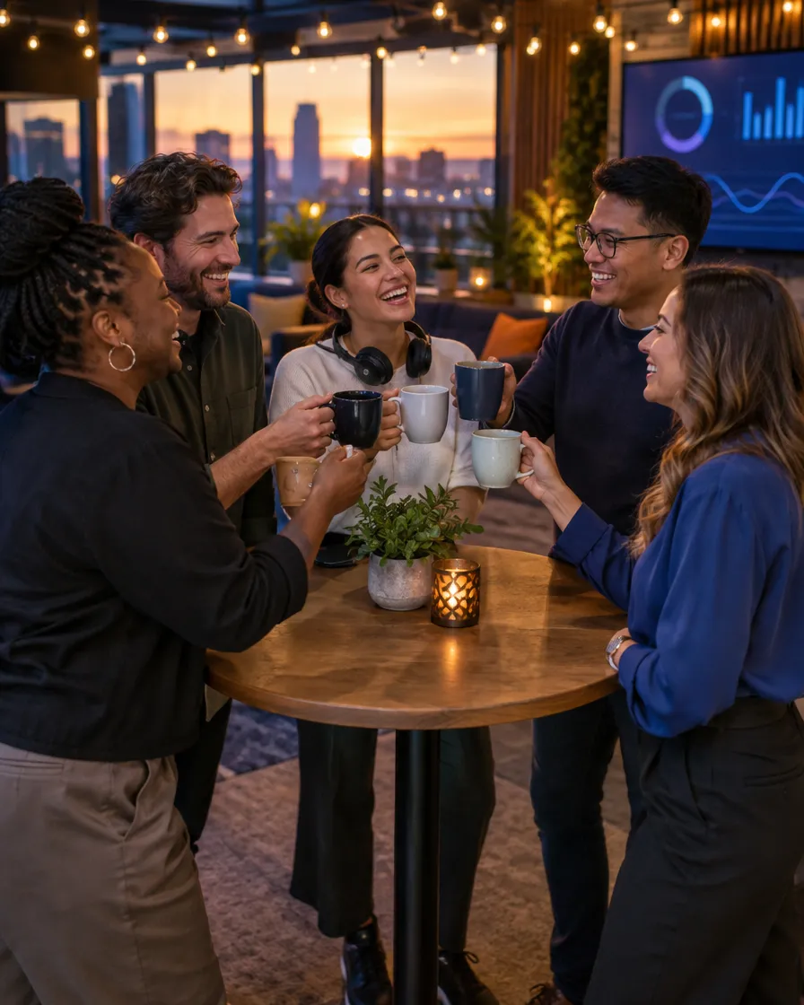 Team celebrating around a café table in the evening