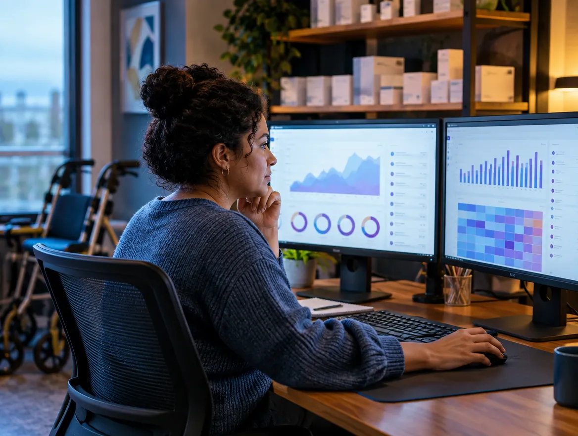 Analyst reviewing medical device data on monitors