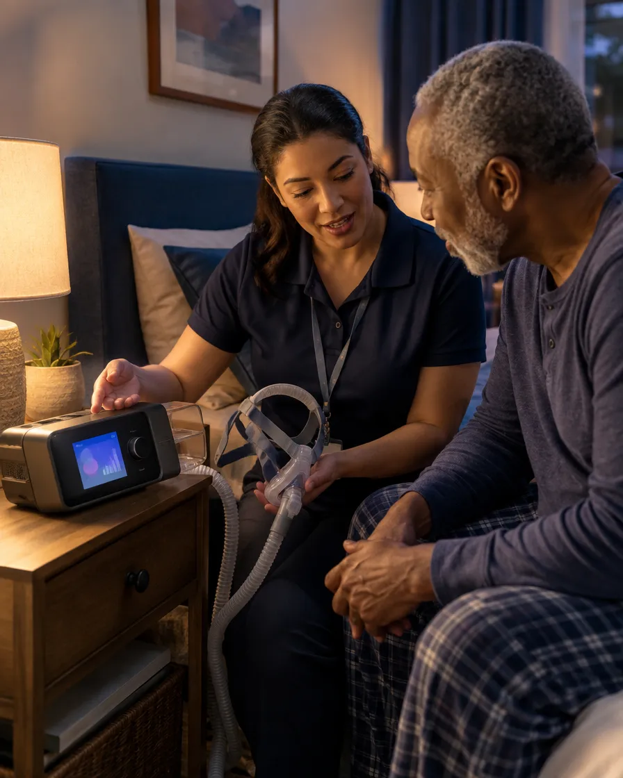 Clinician helping a patient set up a home medical device