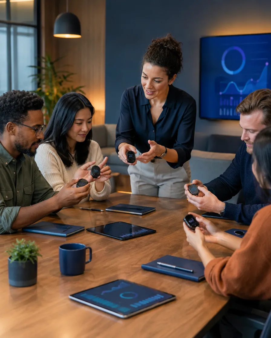 Medical device team reviewing devices together at a table