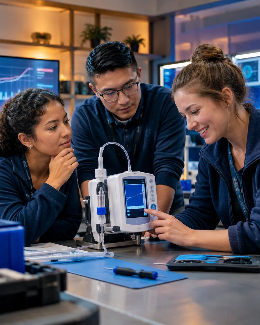 Medical device team examining an infusion pump