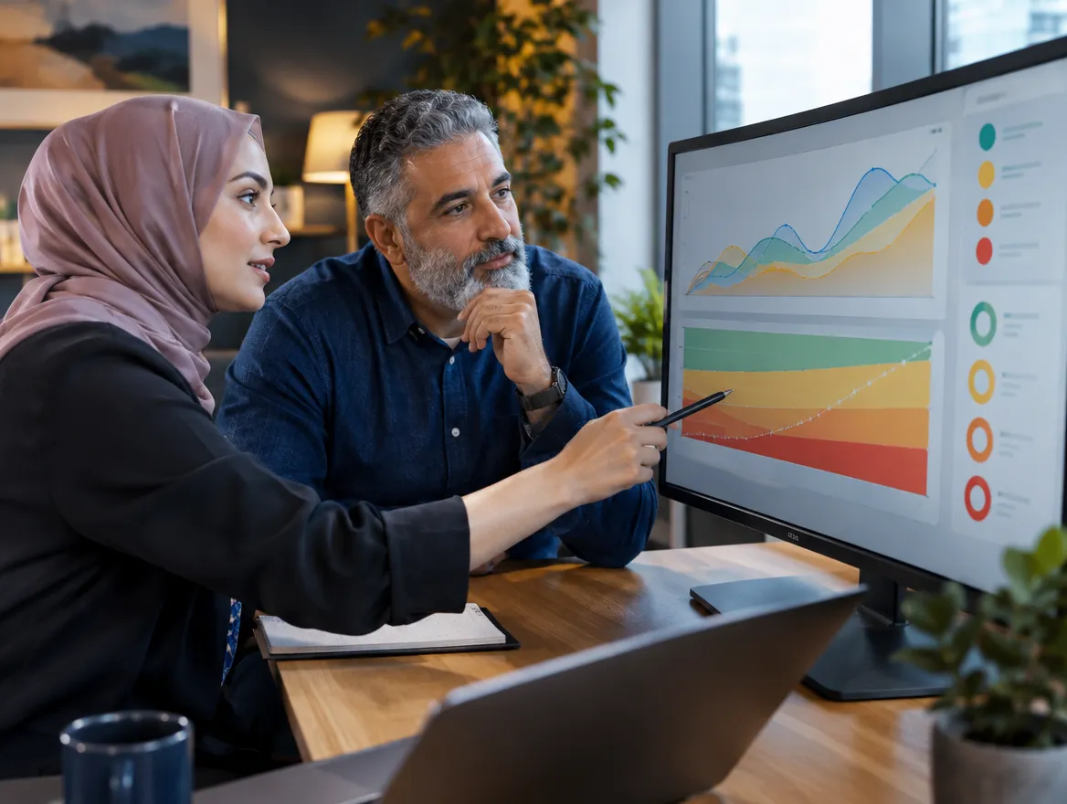 Two care managers reviewing patient outcome charts on a monitor