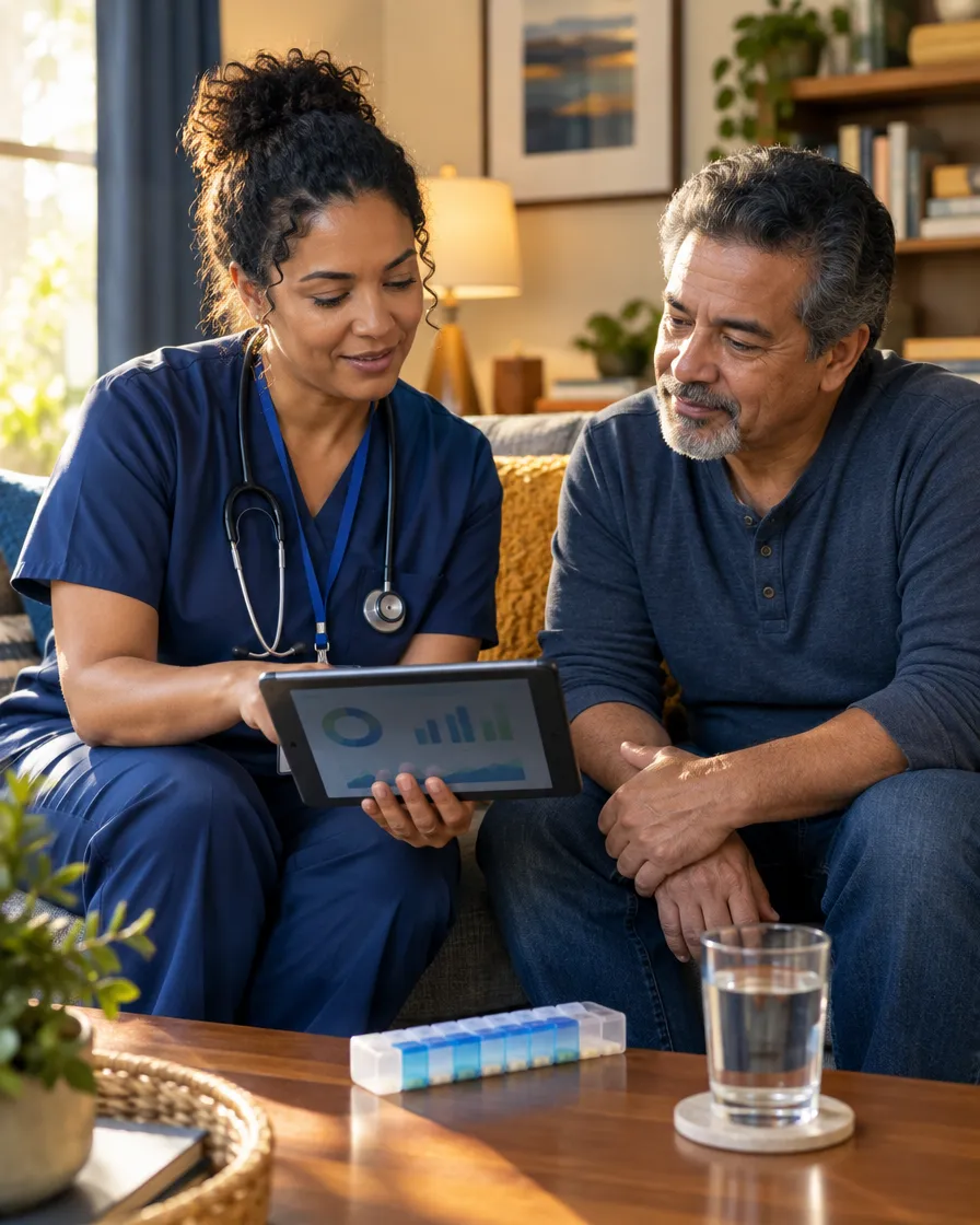 Nurse reviewing a care plan on a tablet with a patient at home