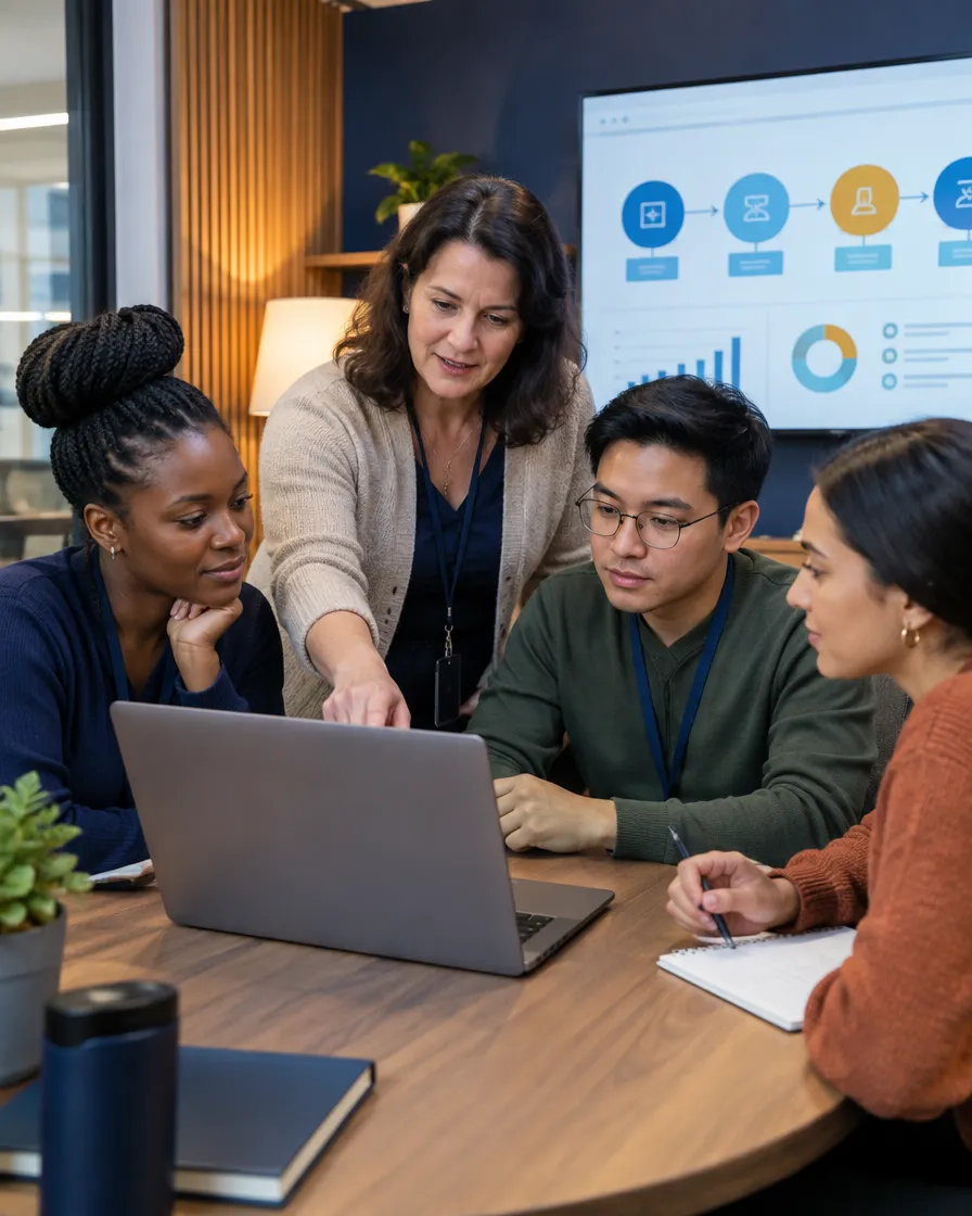 Care management team reviewing a plan together on a laptop