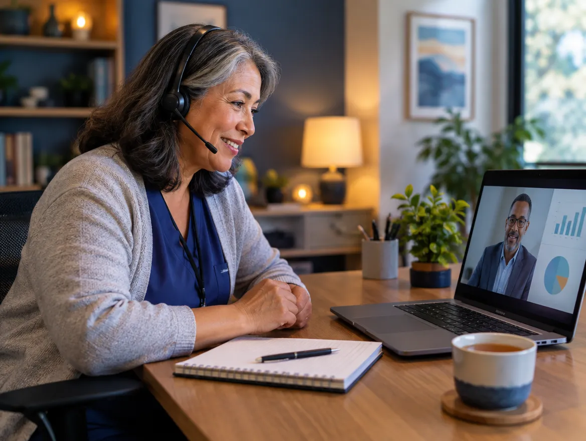 Care manager in a headset on a video call with a patient
