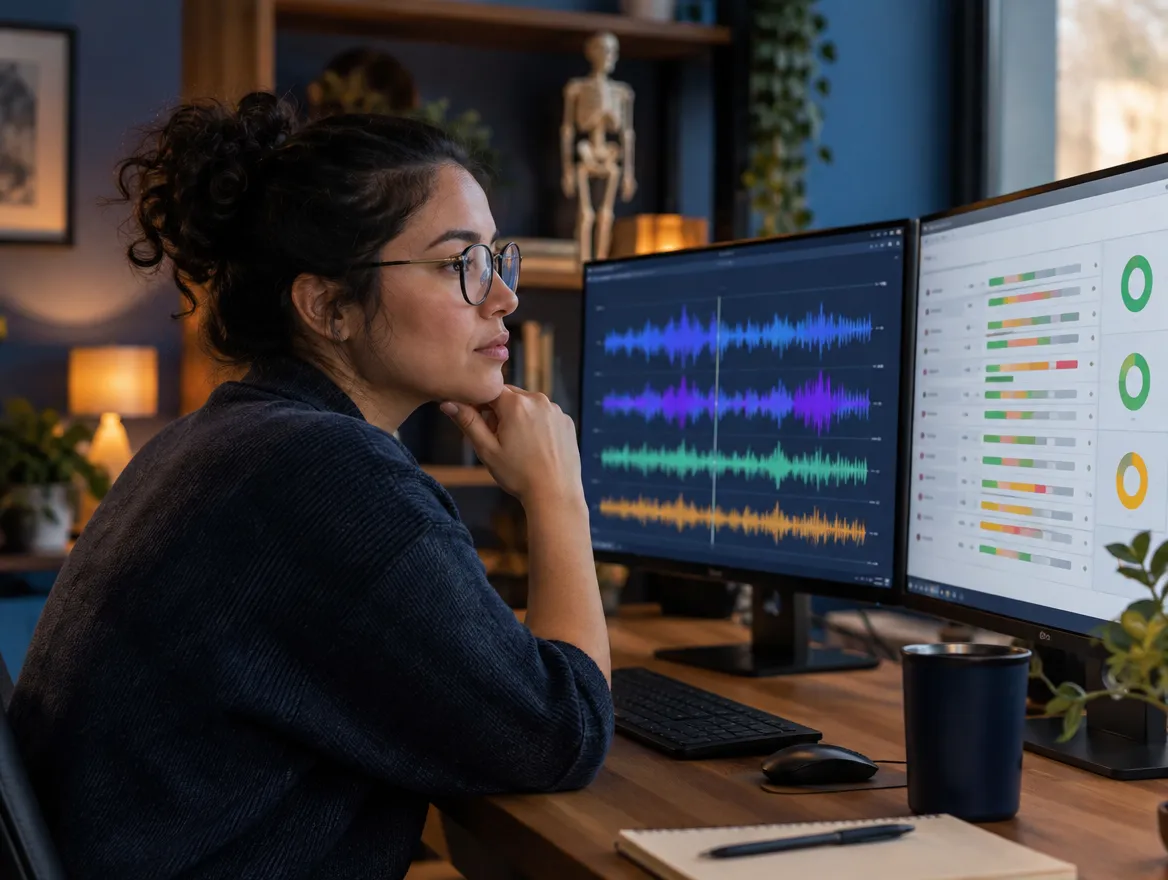 Medical scribe reviewing audio transcription on monitors