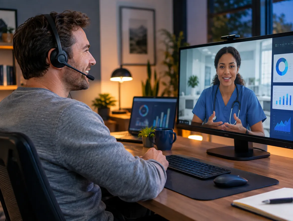 Medical scribe in a headset on a video call with a doctor