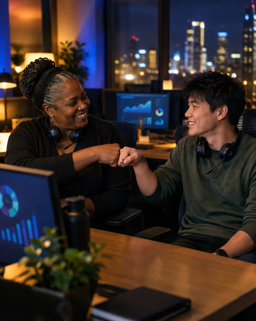 Medical scribing team fist-bumping at their desks