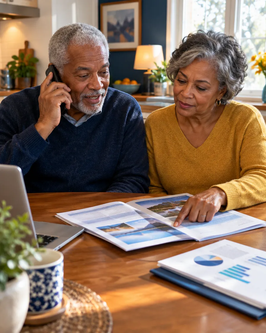 Senior couple on the phone reviewing Medicare plan brochures