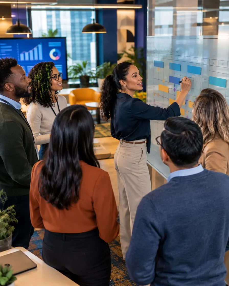 Medicare support team planning at a whiteboard
