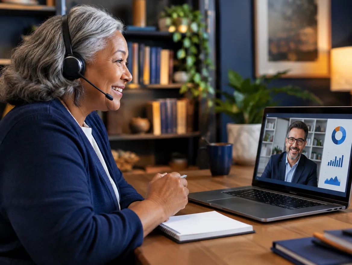 Medicare support agent in a headset on a video call