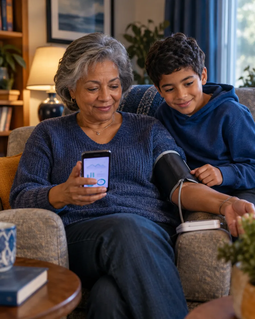 Senior woman checking a health app on her phone while wearing a blood pressure cuff