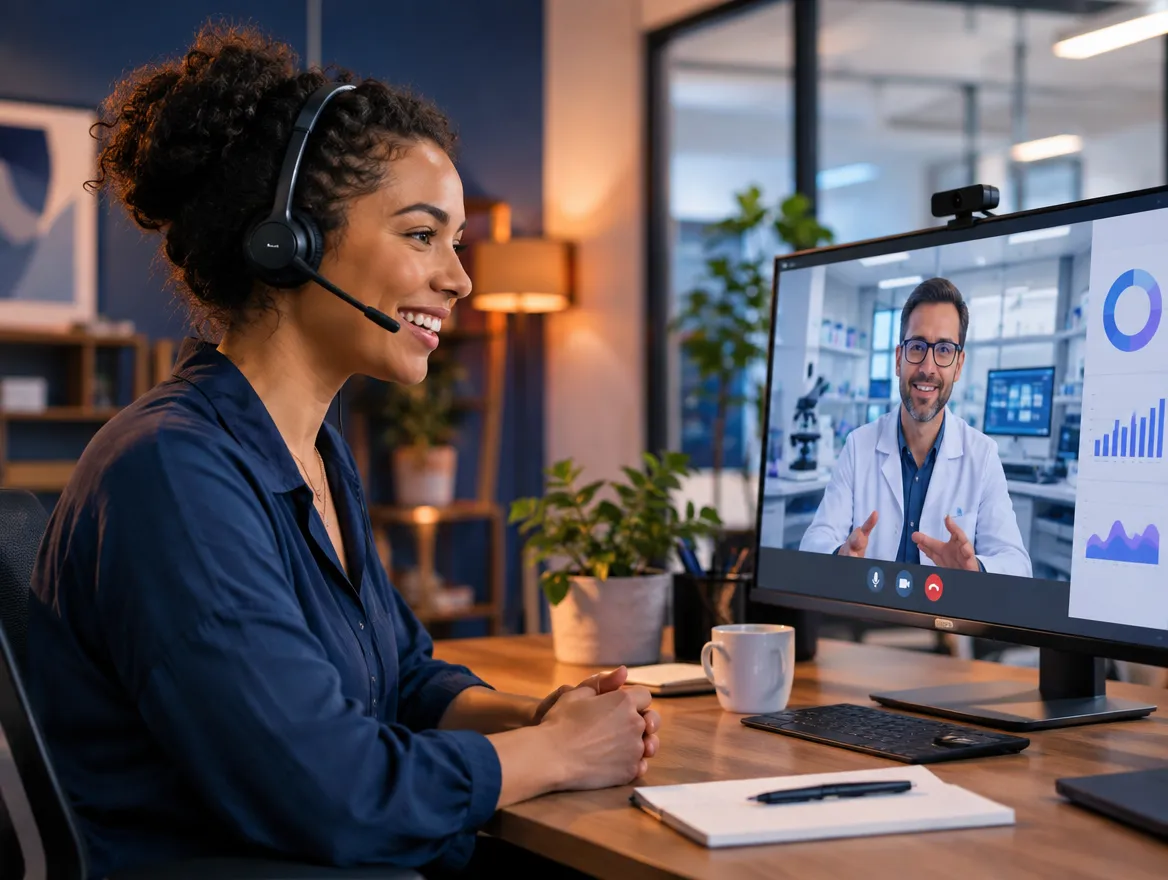 MedTech support agent in a headset on a video call with a doctor