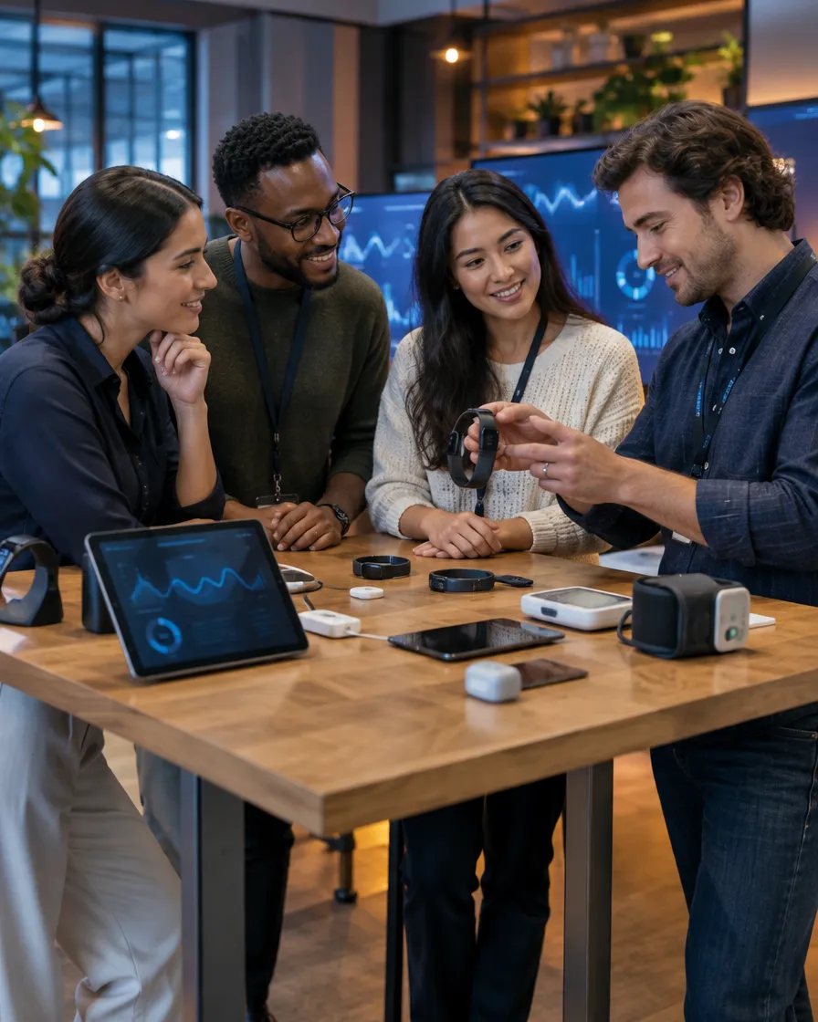 MedTech team discussing devices around a table