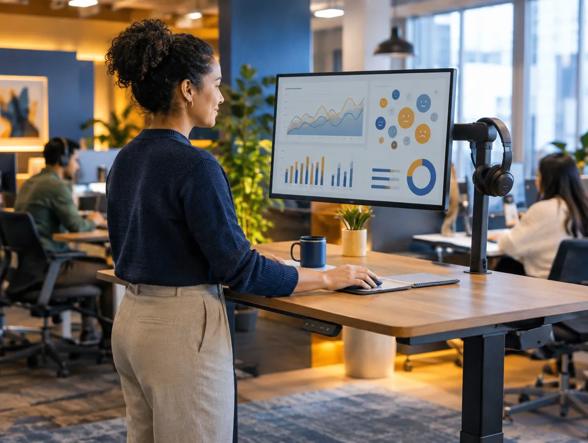 Team lead reviewing member data at a standing desk