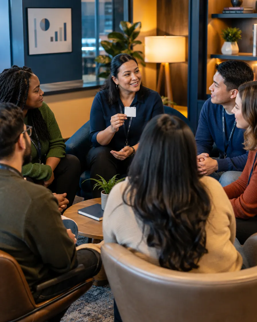Member services team meeting in a lounge