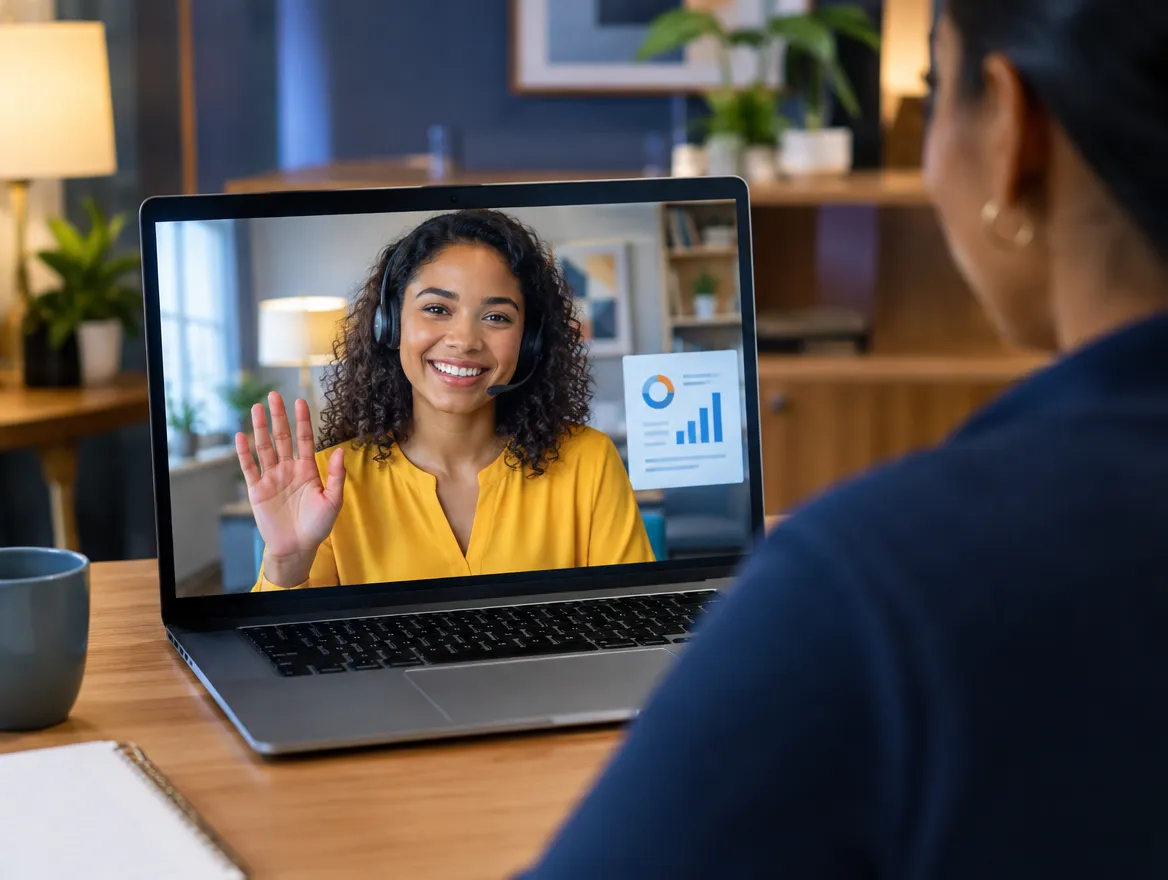 Smiling member services agent waving on a video call