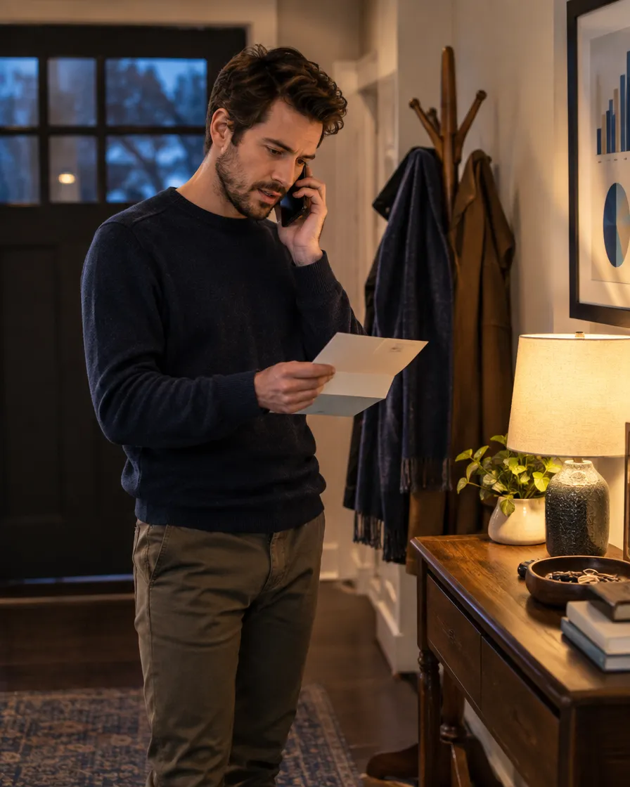 Homeowner on the phone reading a letter at home