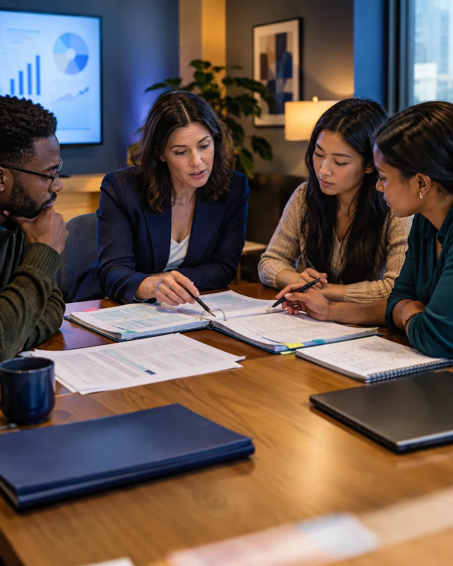 Mortgage insurance team reviewing documents around a table