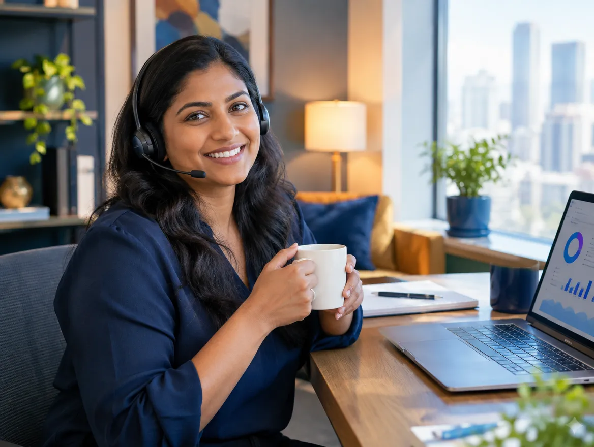 Smiling mortgage agent in a headset holding a coffee cup
