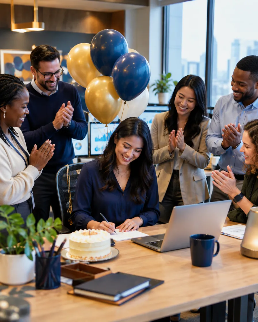 Mortgage team celebrating with balloons and cake