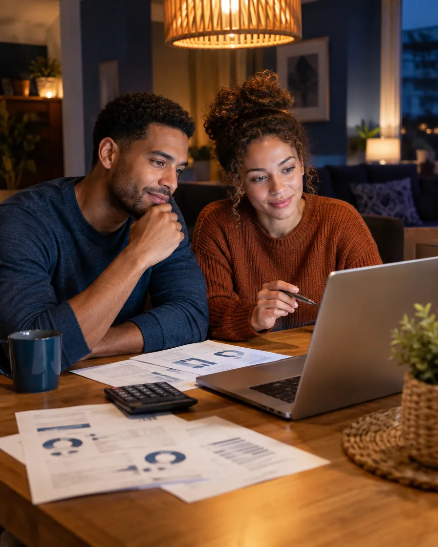 Couple reviewing refinancing documents on a laptop at home