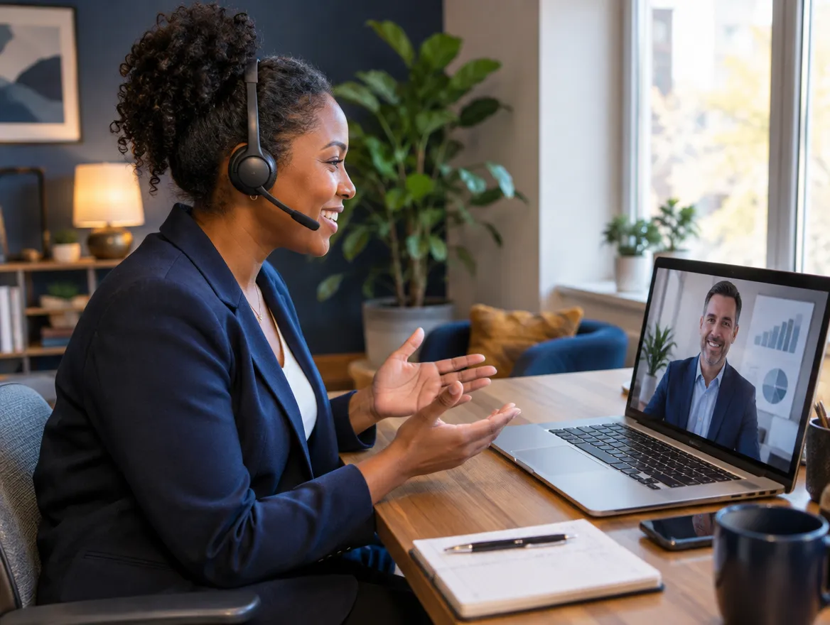 Mortgage advisor in a headset on a video call