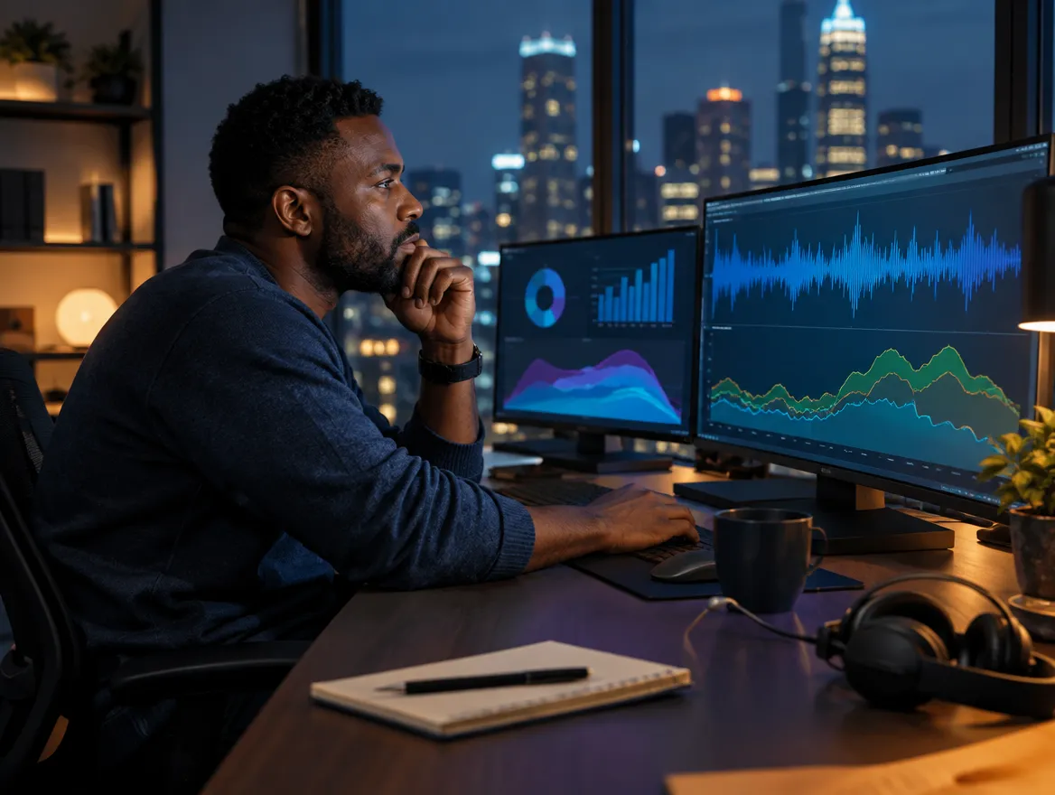 Analyst reviewing mortgage servicing data on monitors at night