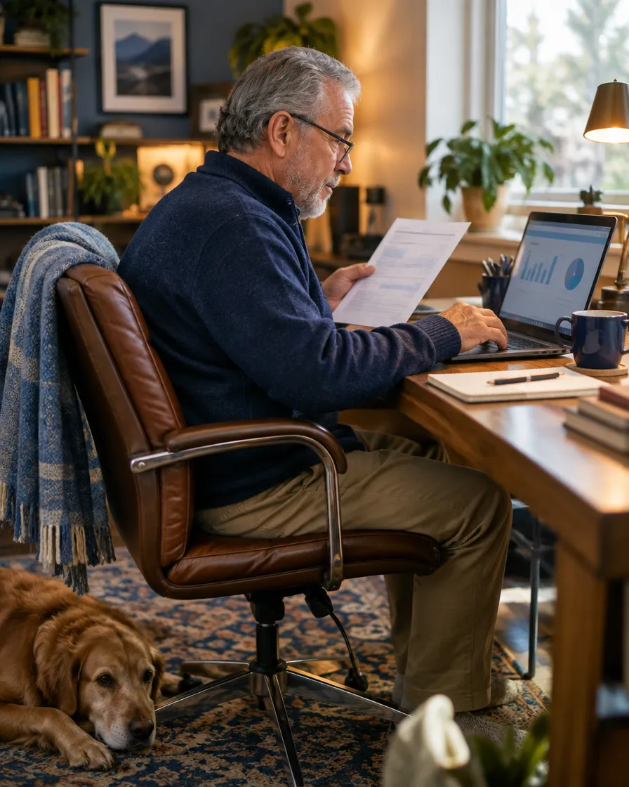 Senior homeowner reviewing a mortgage statement at his desk with a dog nearby