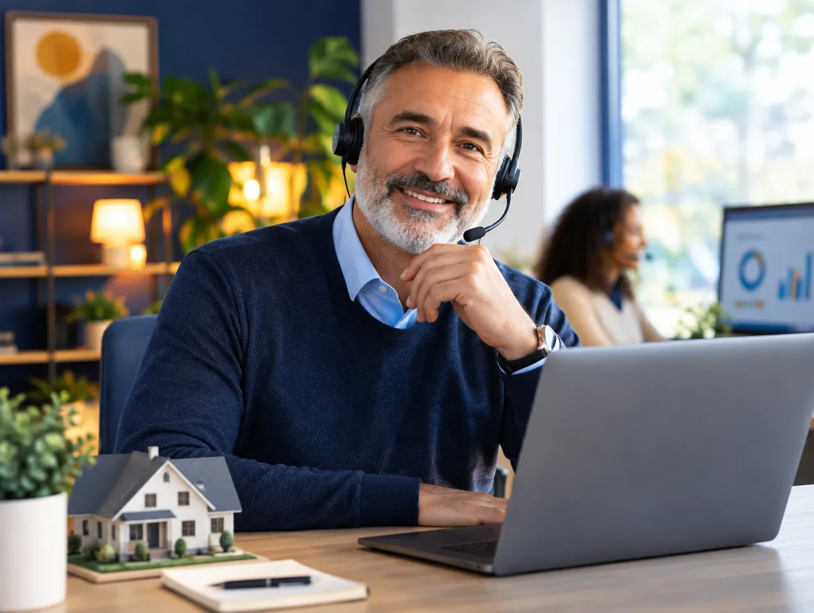 Smiling mortgage servicing agent in a headset with a house model on his desk