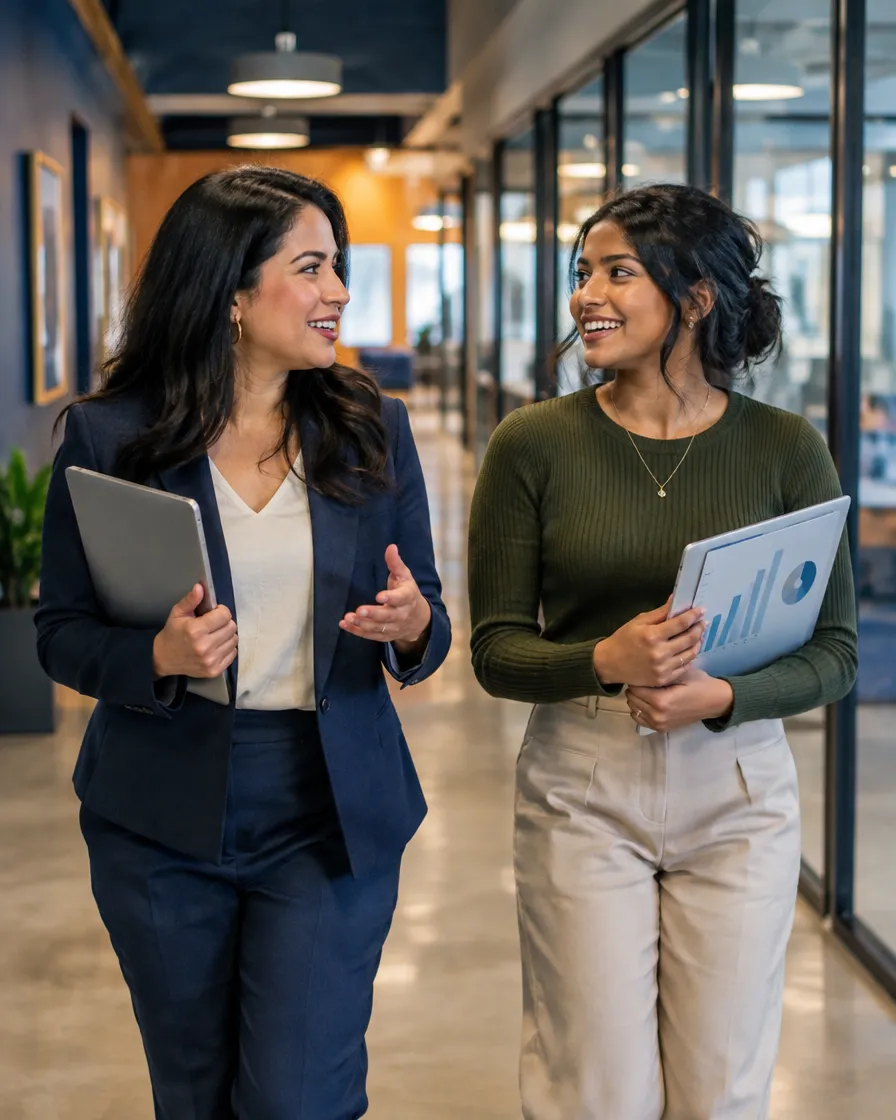 Two mortgage colleagues walking and talking with tablets