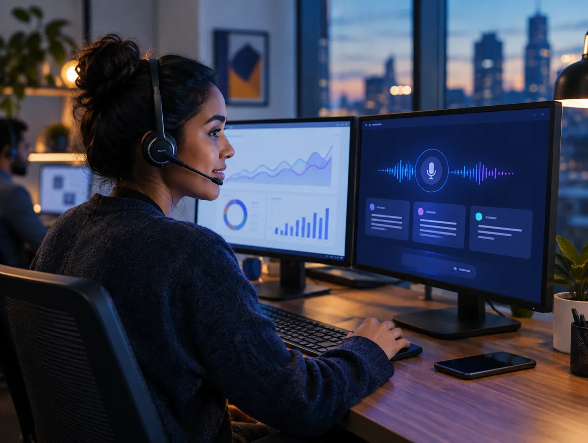 MVNO support agent in a headset reviewing dashboards